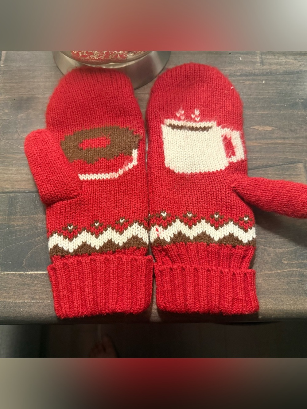 Adult Tim Hortons Red Knit Mittens with Coffee & Donut Motif